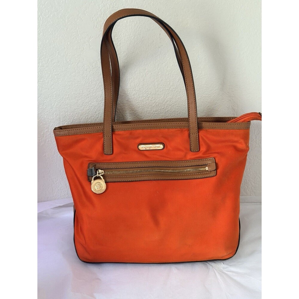 Michael Kors Kempton Orange Nylon Tote Handbag Leather Trim Medium Shoulder Bag